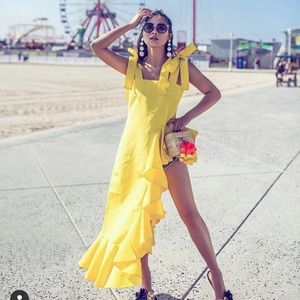 Viva Aviva Yellow Shoulder Tie Ruffle atop